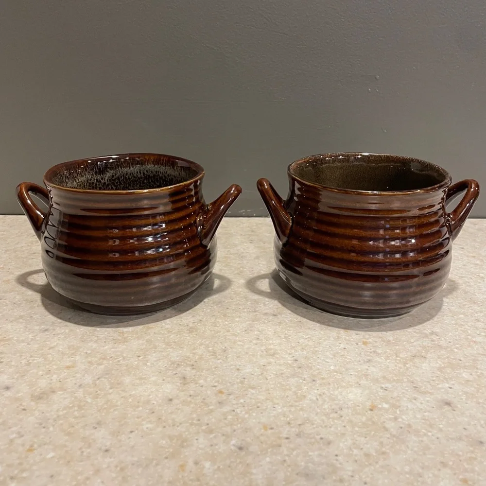 CRATE & BARREL Set of 2 Brunswick Stoneware Chili Soup Bowl Crock Brown Glazed
